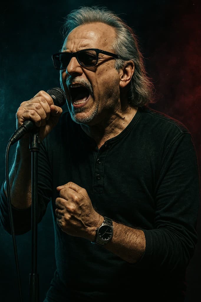 Lead vocalist in a black jacket under a stage spotlight.